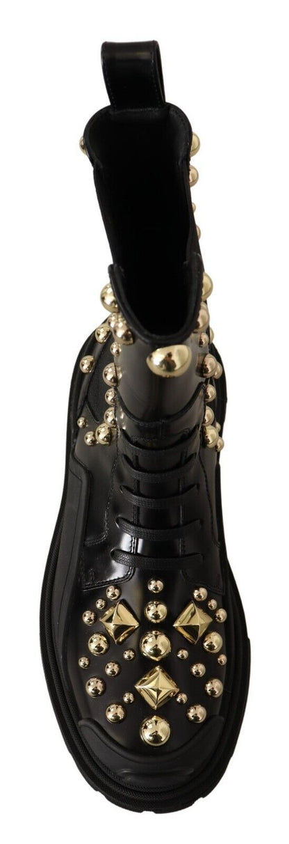 Dolce & Gabbana Studded Leather Combat Boots with Embroidery