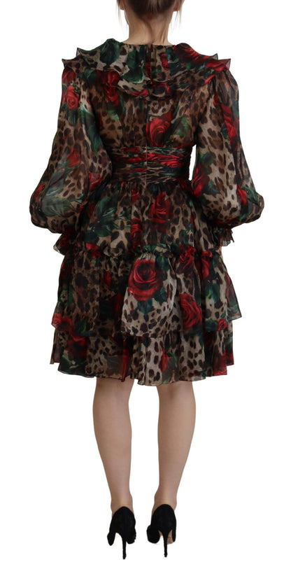 Dolce & Gabbana Silk Leopard Print & Red Roses Dress