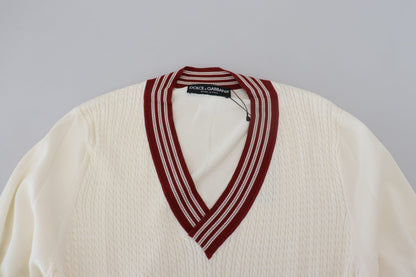 Dolce & Gabbana Off White Silk Cotton V-Neck Sweater