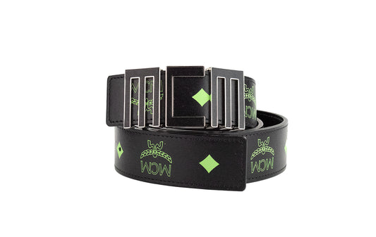 MCM Claus Mens Summer Green Smooth Visetos Logo Leather Numeric Buckle Belt