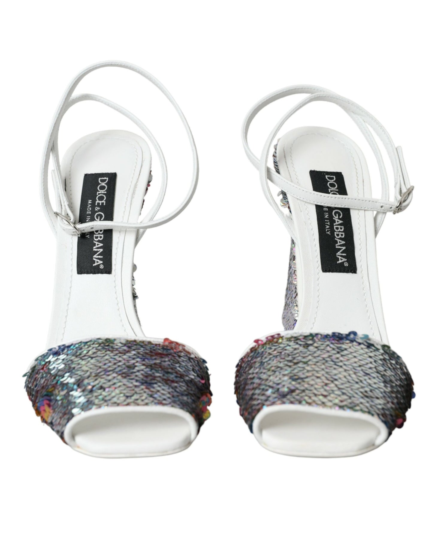 Dolce & Gabbana White Silver Sequin Ankle Strap Sandals Shoes