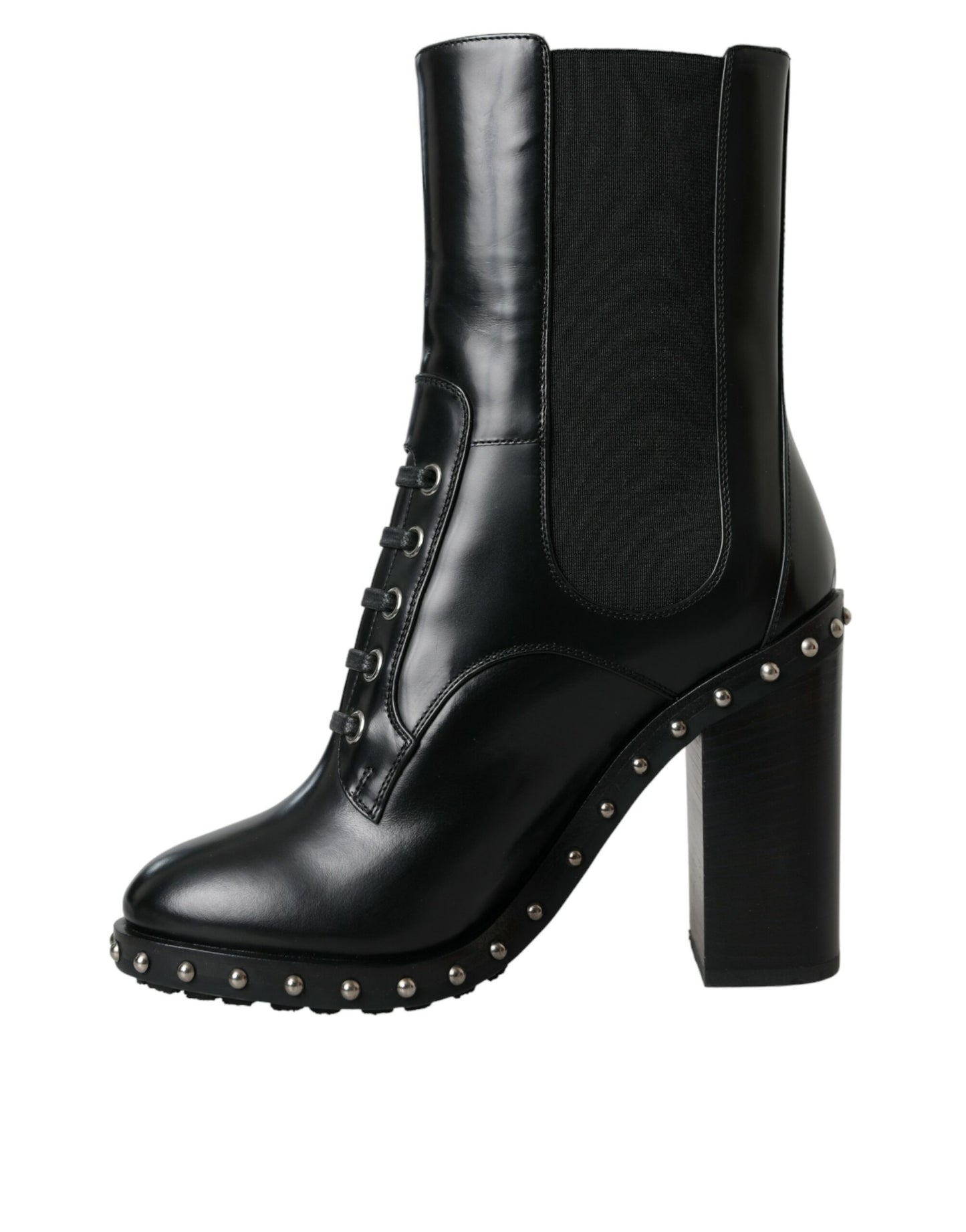 Dolce & Gabbana Black Leather Studded Lace Up Boots Shoes