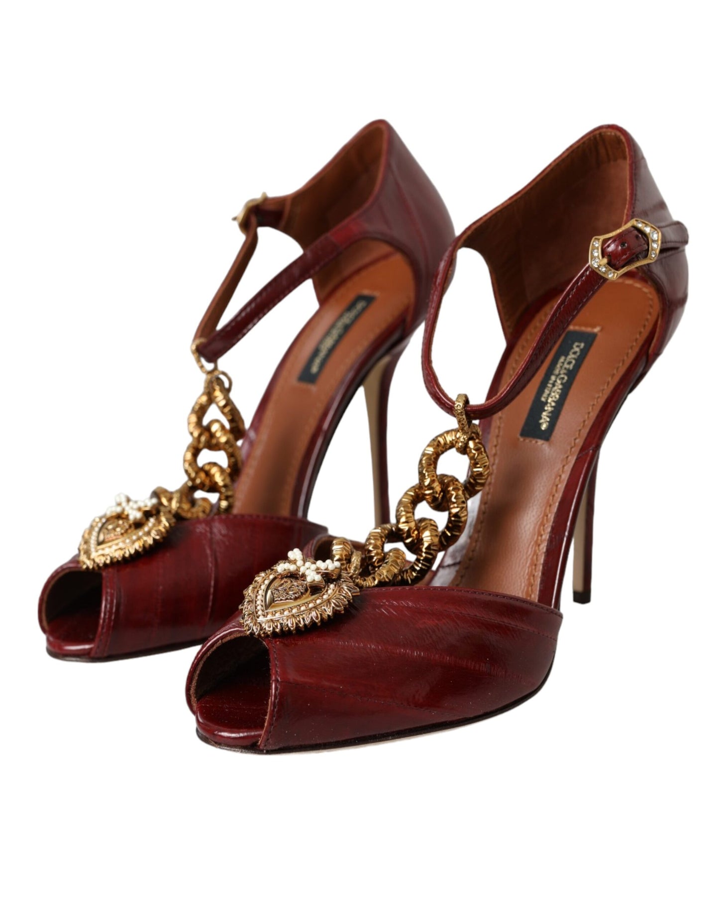 Dolce & Gabbana Dark Red Leather Gold Devotion Heart Sandals Shoes