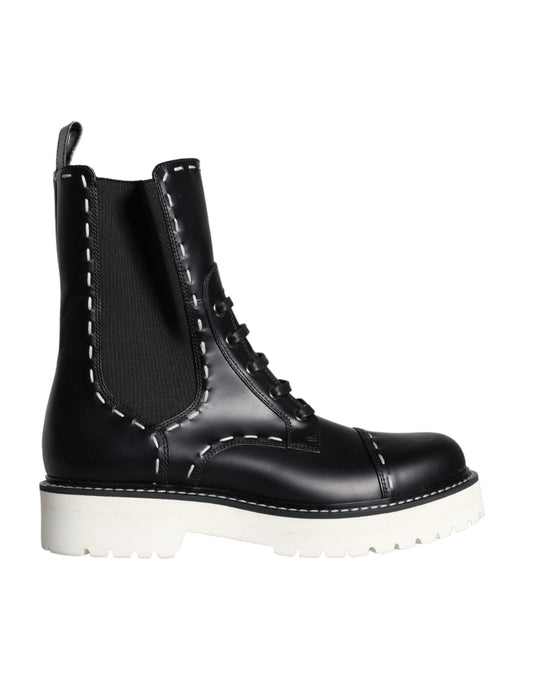 Dolce & Gabbana Black Leather Combat Mid Calf Boots Shoes