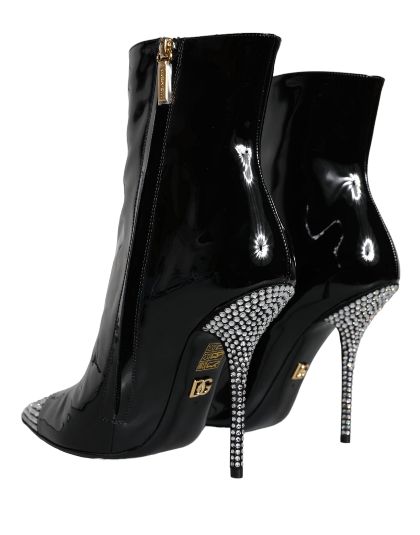 Dolce & Gabbana Black Patent Leather Crystal Heel Boots Shoes