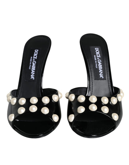 Dolce & Gabbana Black Leather Pearls Slides Sandals Shoes