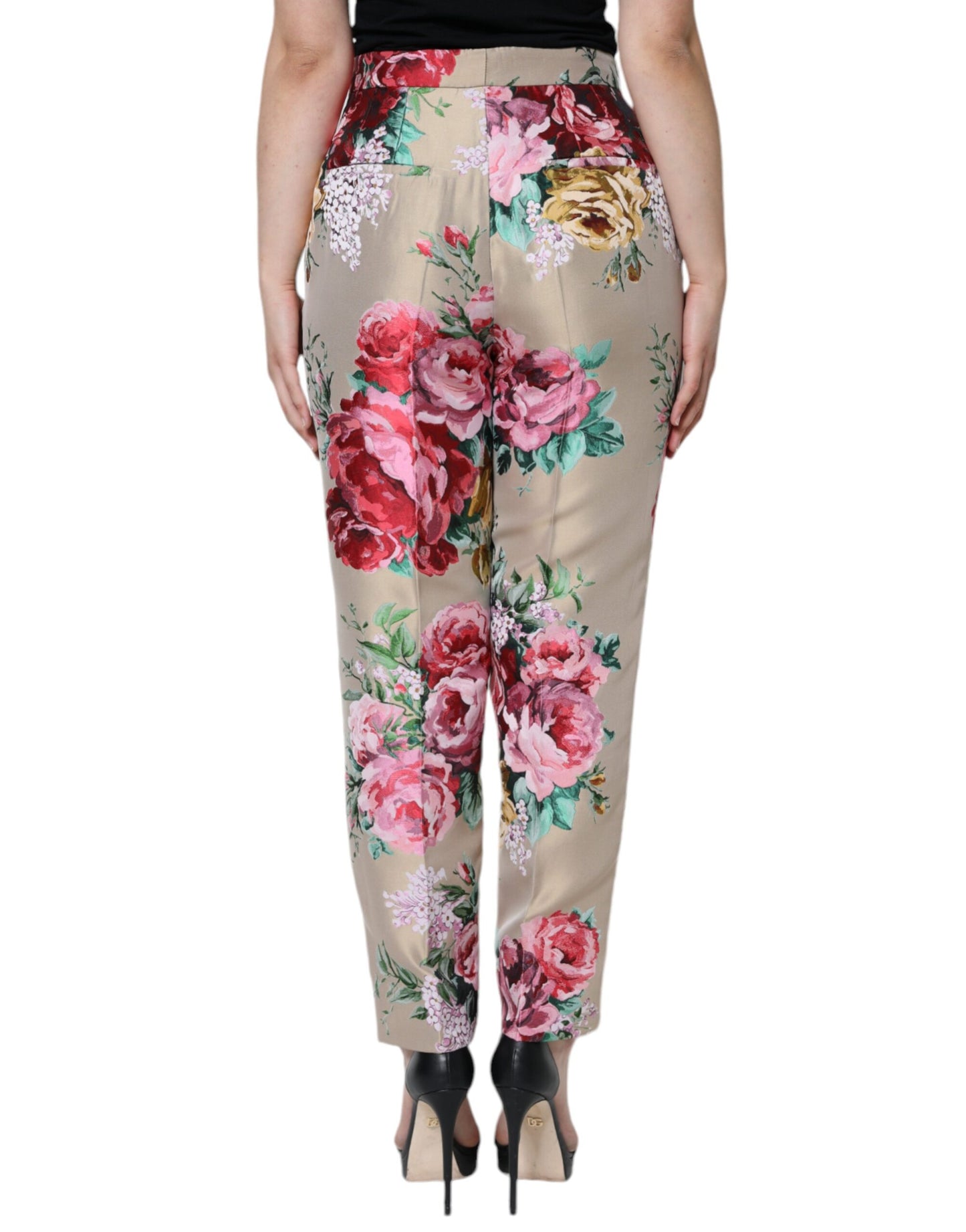 Dolce & Gabbana Beige Floral Jacquard High Waist Tapered Pants