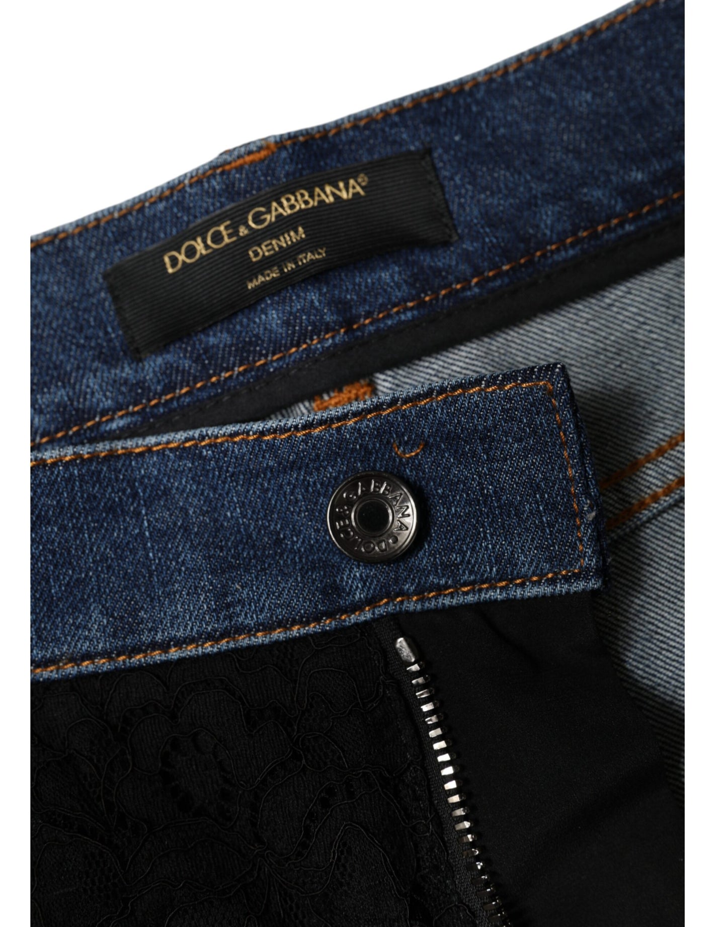 Dolce & Gabbana Black Floral Lace Front Skinny Denim Jeans