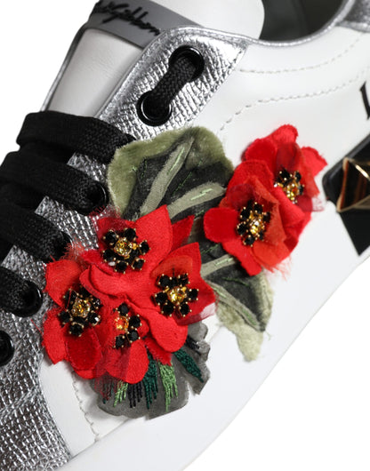 Dolce & Gabbana White Leather Floral Studded Sneakers Shoes