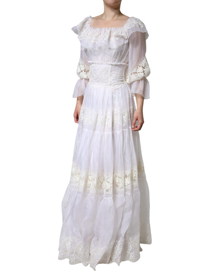 Dolce & Gabbana White Floral Lace Corset Cotton Maxi Dress