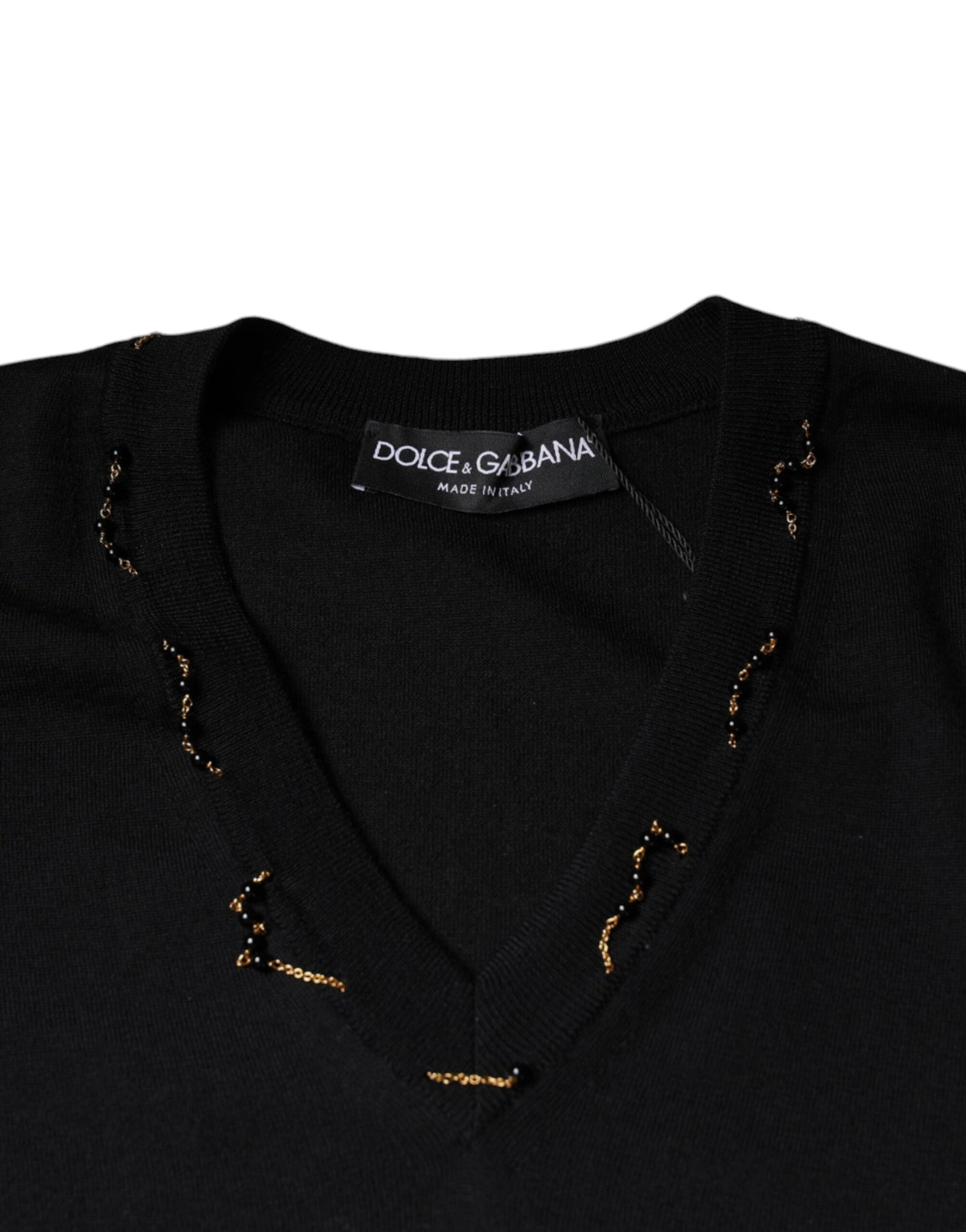 Dolce & Gabbana Black Embellished V-neck Pullover Sweater