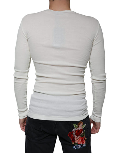 Dolce & Gabbana White Cotton Henley Crew Neck Pullover Sweater