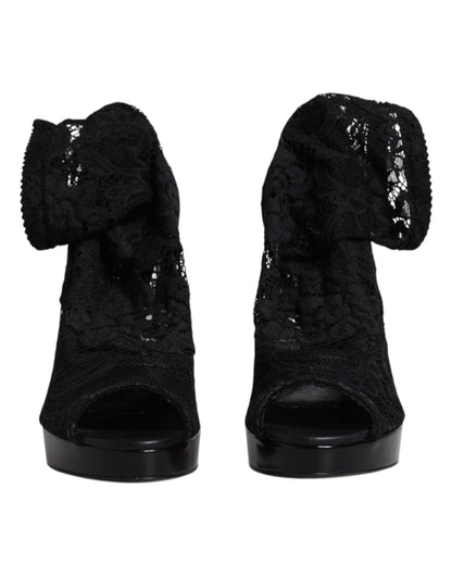 Dolce & Gabbana Black Stretch Taormina Lace Boots Shoes