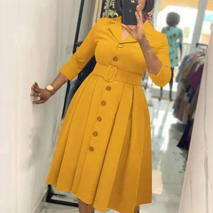 Long Sleeve Button Down Notched Lapel Waist Belt A Line Midi Dress