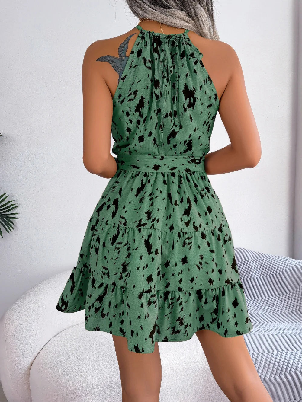 Leopard Print Ruffled Hanging Neck Dress