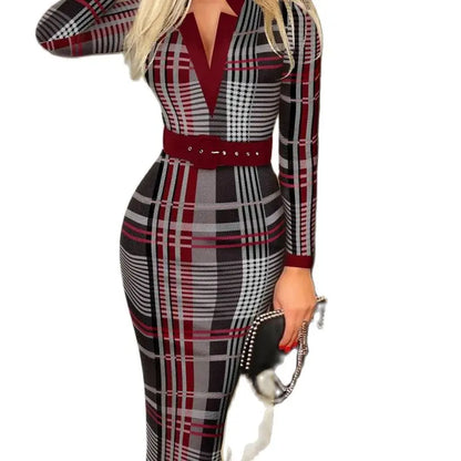 Geometric Pattern V-Neck Midi Pencil Dress with Belt