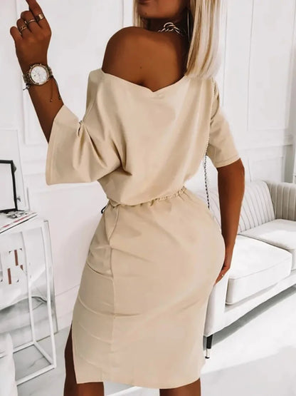 Two Piece Good Viber One Shoulder Letter Crop Top+High Split Skirt