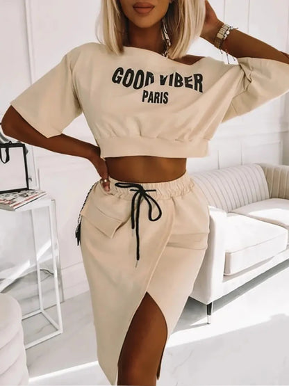 Two Piece Good Viber One Shoulder Letter Crop Top+High Split Skirt