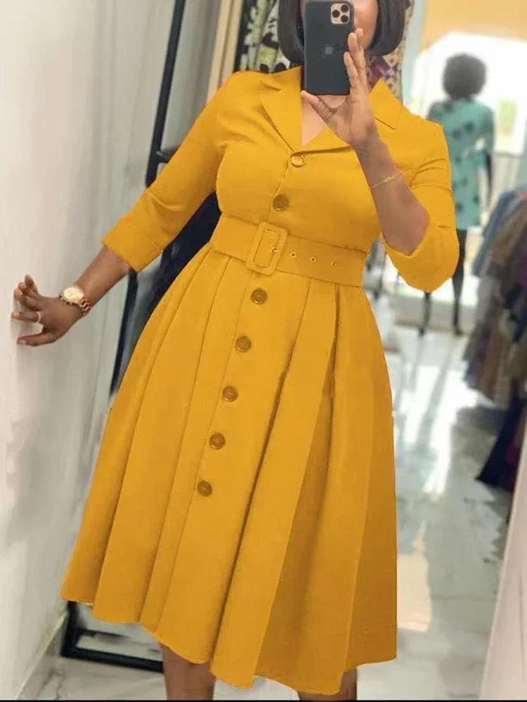 Long Sleeve Button Down Notched Lapel Waist Belt A Line Midi Dress