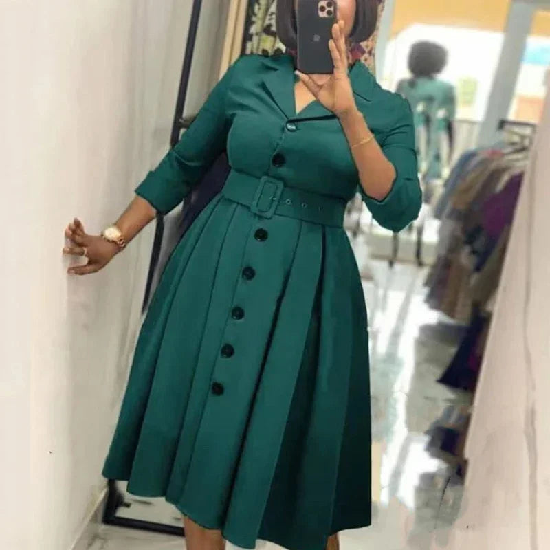 Long Sleeve Button Down Notched Lapel Waist Belt A Line Midi Dress