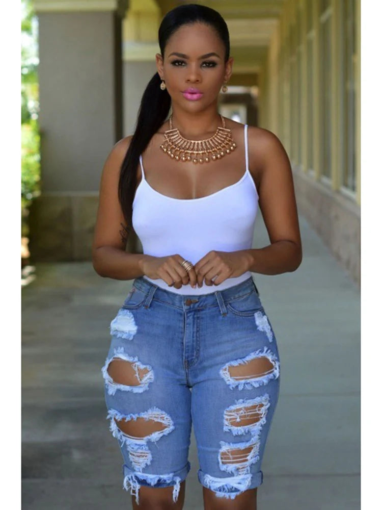 High Waist Ripped Knee Length Shorts Jeans