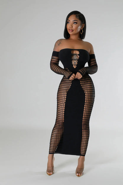 Long Sleeve Dress Mesh Hollow