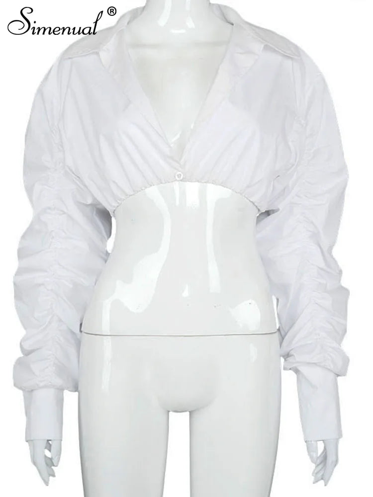 Button Ruched White Puff Sleeve Blouse