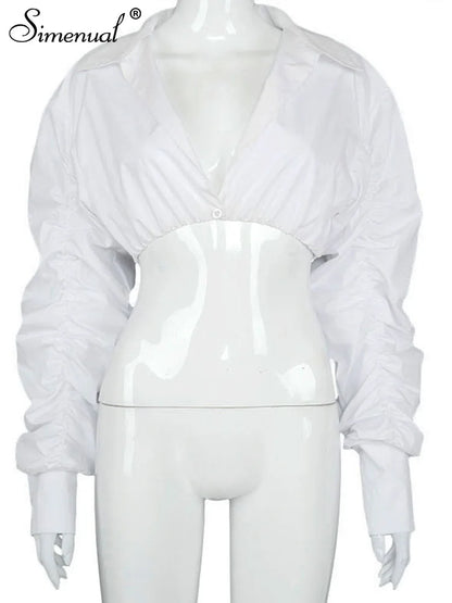 Button Ruched White Puff Sleeve Blouse