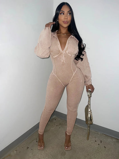 Ribbed Long Sleeve Moto Biker Romper