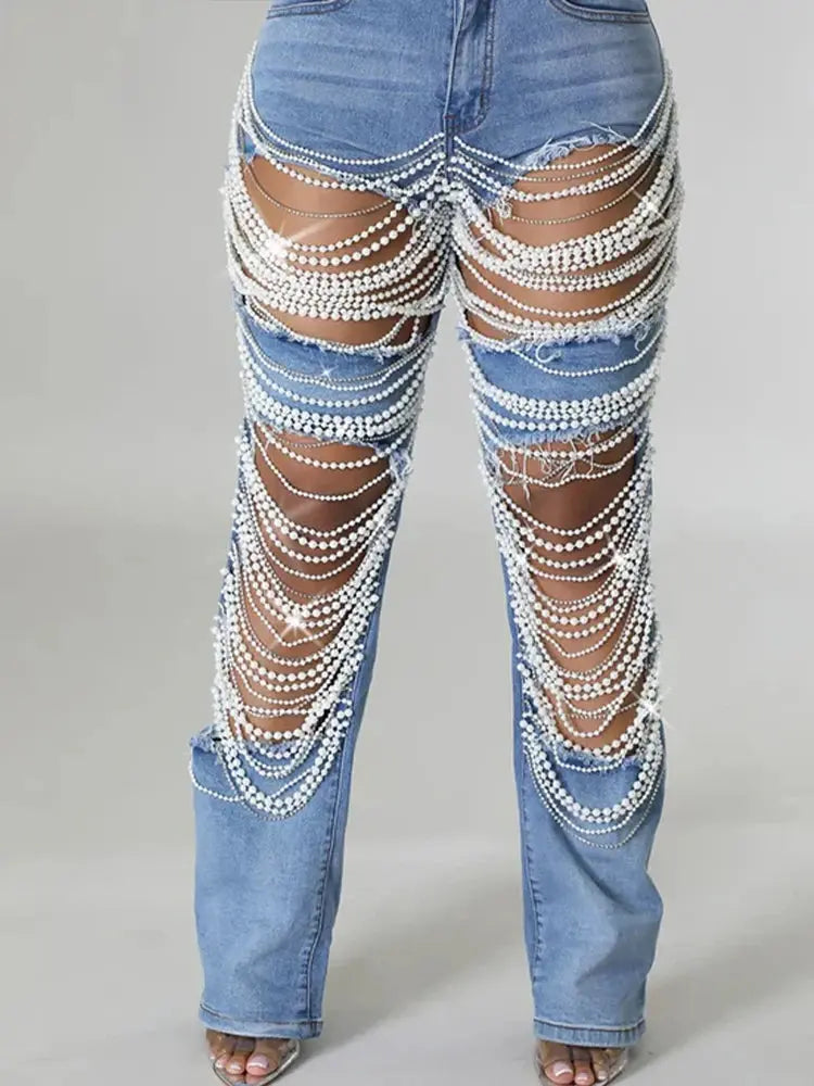 High Waist Pearls Denim Jeans