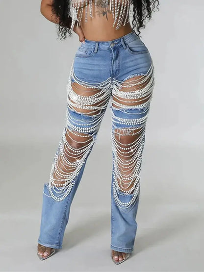 High Waist Pearls Denim Jeans