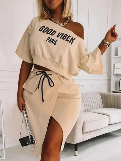 Two Piece Good Viber One Shoulder Letter Crop Top+High Split Skirt