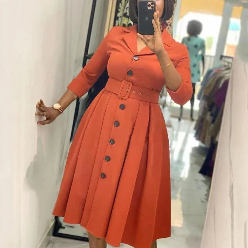 Long Sleeve Button Down Notched Lapel Waist Belt A Line Midi Dress